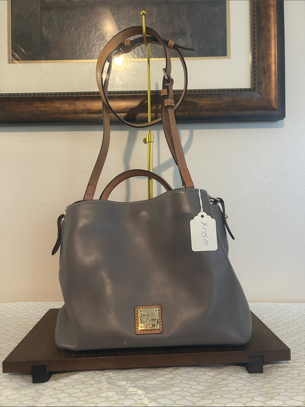 Dooney & Bourke Gray Leather Shoulder Bag with Brown Strap
